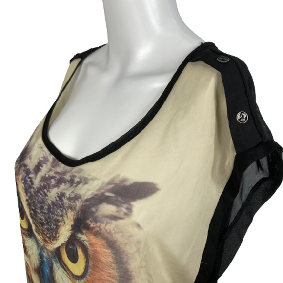 Wet Seal Shirt Womens Sz M Black Beige Owl Print Sheer Scoop Neck Top Blouse‎ - Picture 2 of 9